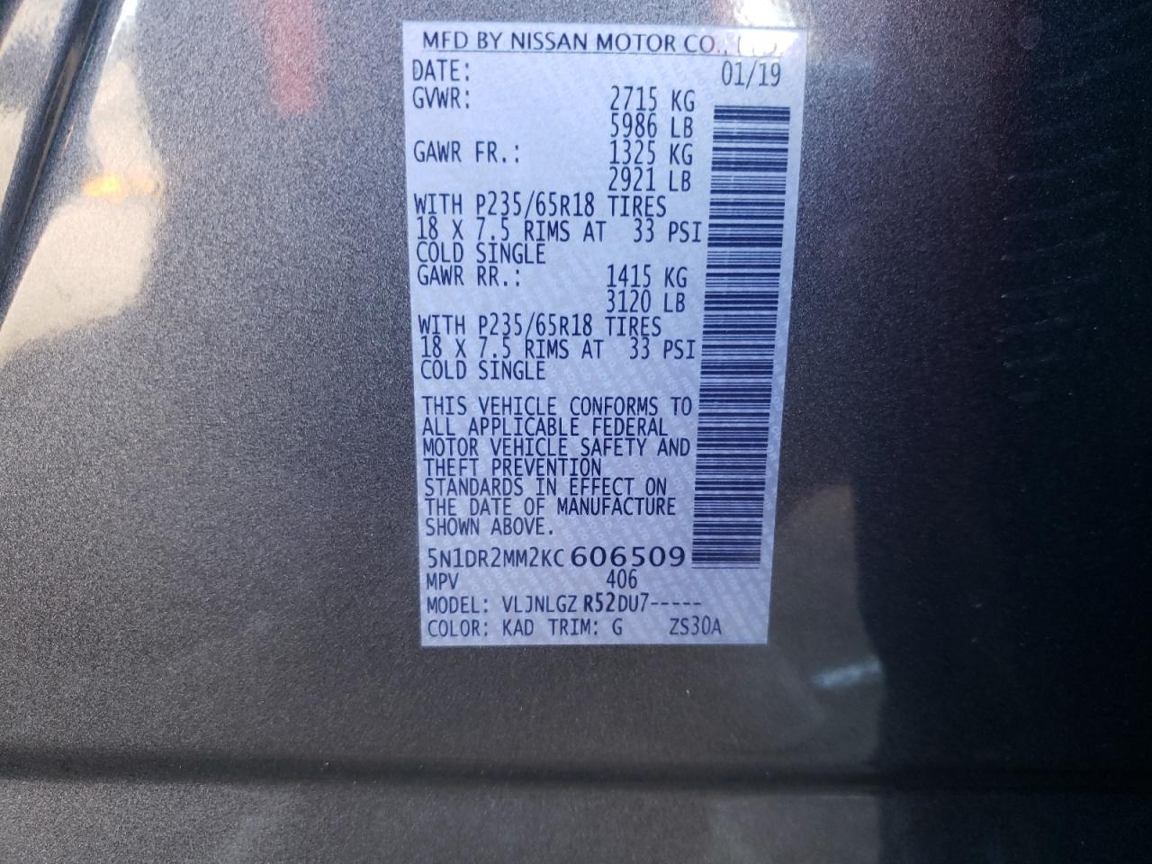 5N1DR2MM2KC606509 2019 Nissan Pathfinder S