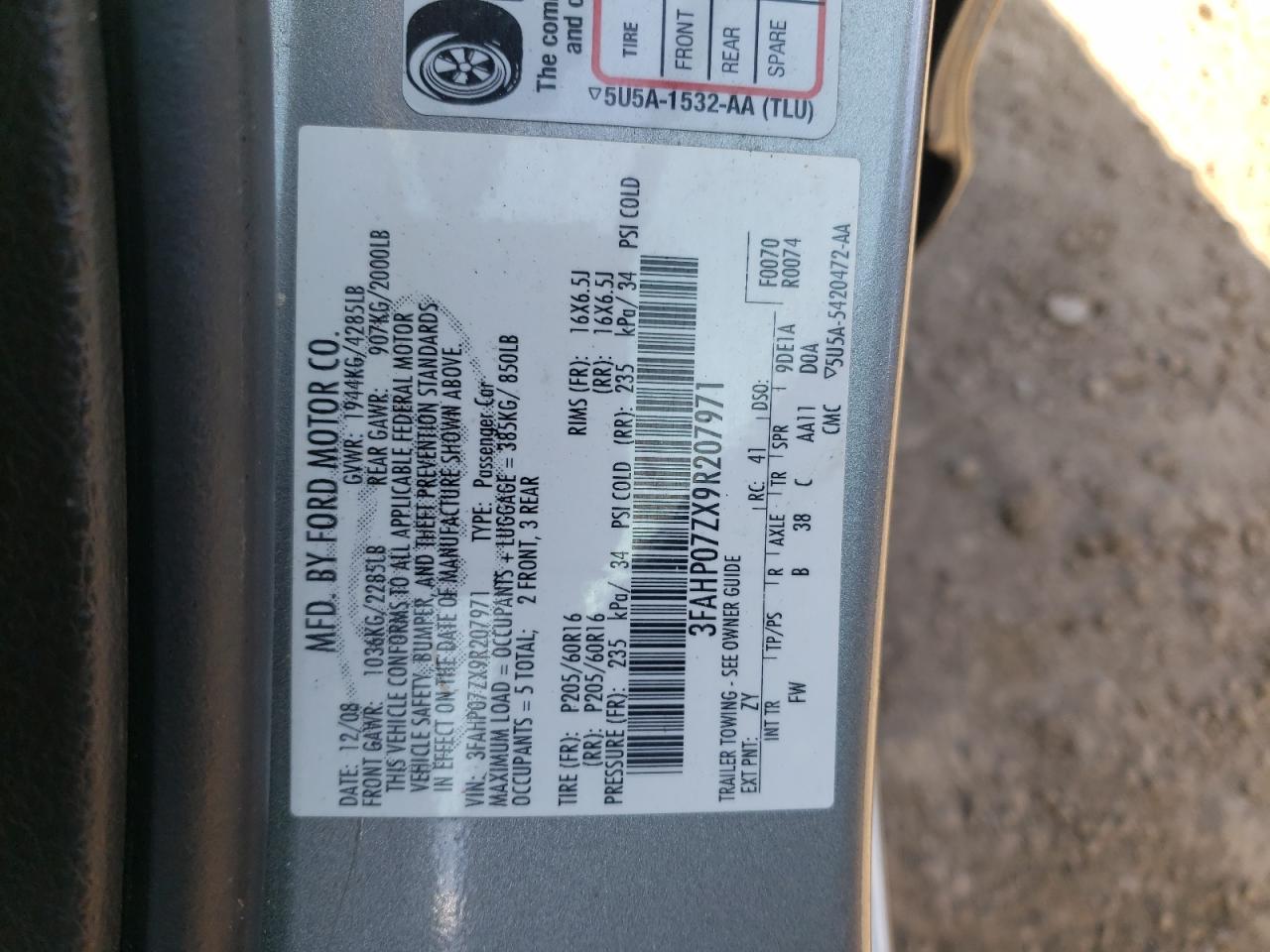 3FAHP07ZX9R207971 2009 Ford Fusion Se
