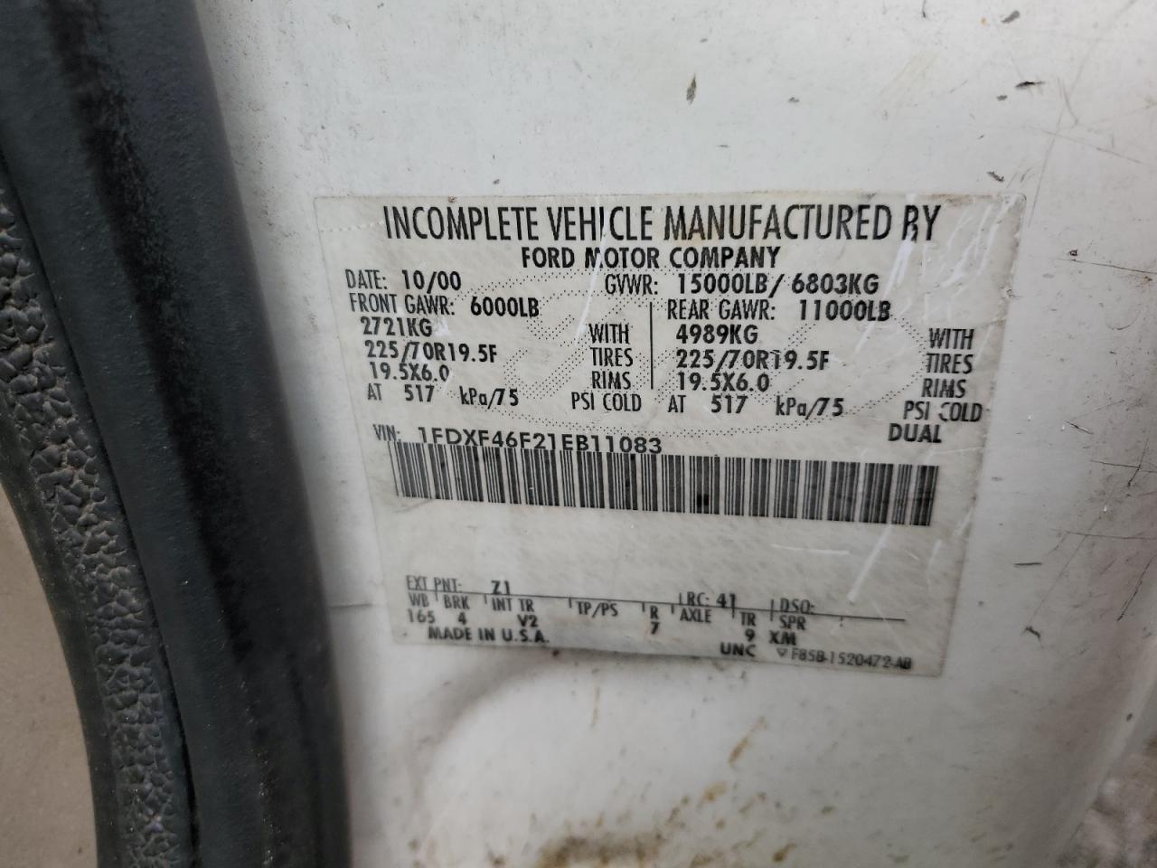 1FDXF46F21EB11083 2001 Ford F450 Super Duty