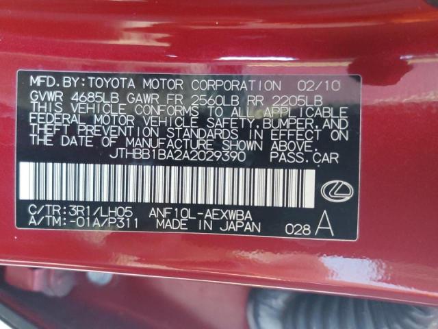 2010 Lexus Hs 250H VIN: JTHBB1BA2A2029390 Lot: 59893414