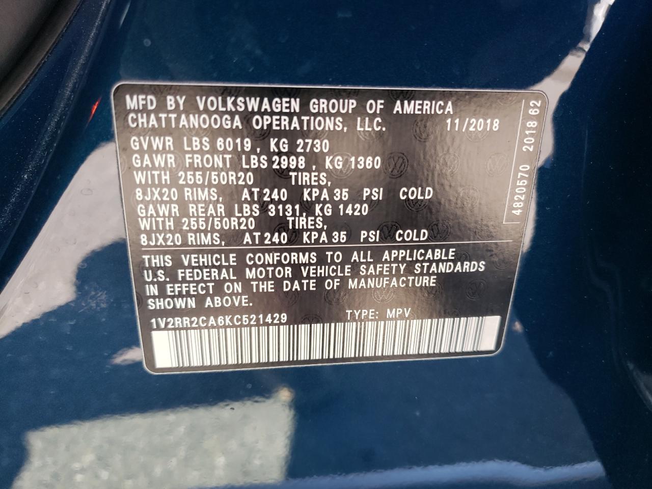 1V2RR2CA6KC521429 2019 Volkswagen Atlas Sel