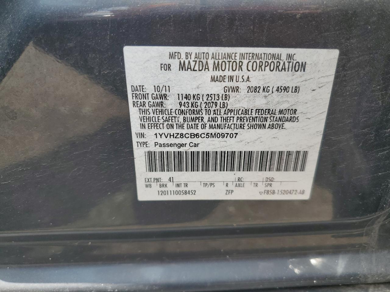 1YVHZ8CB6C5M09707 2012 Mazda 6 S