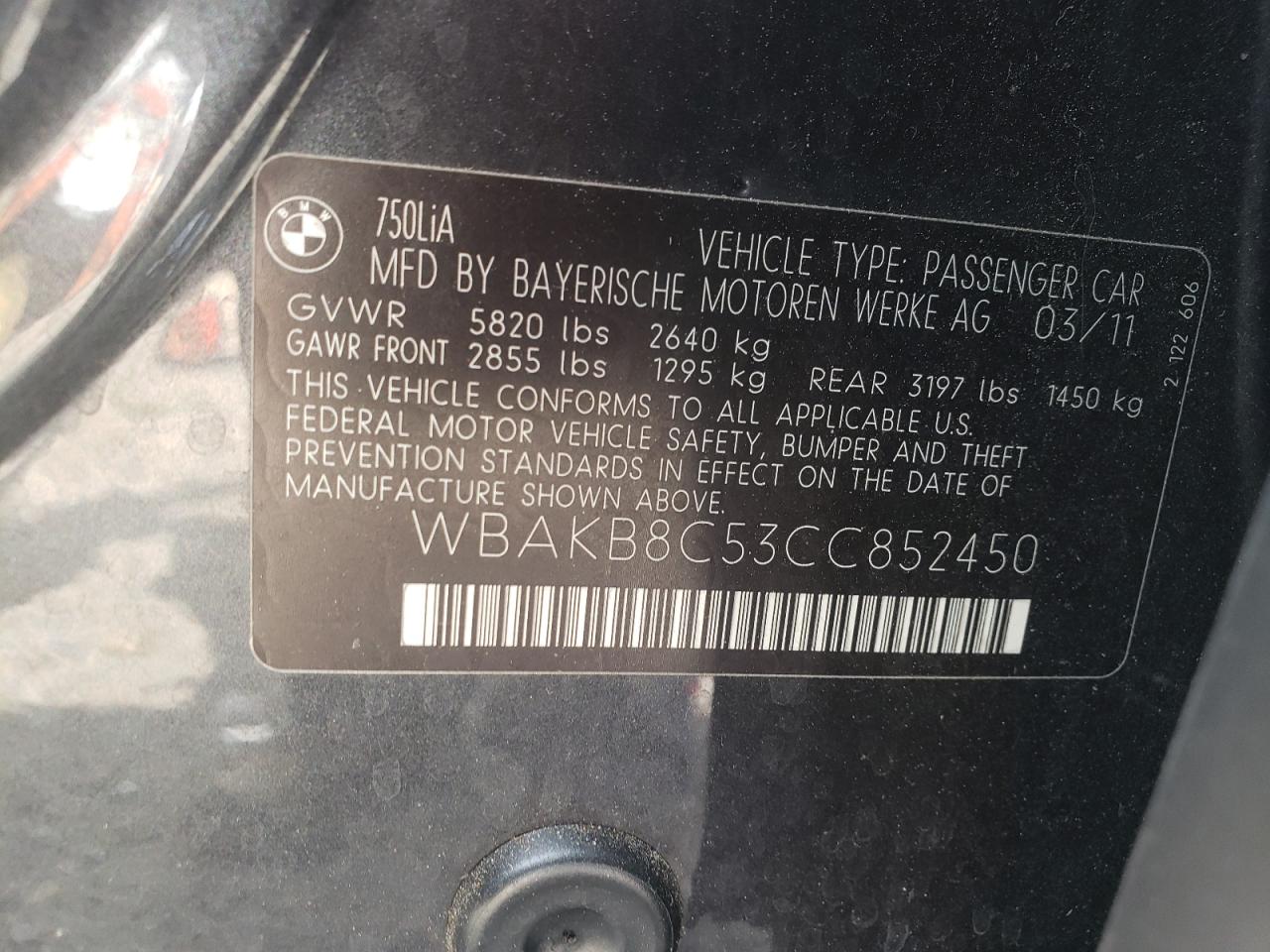 WBAKB8C53CC852450 2012 BMW 750 Li