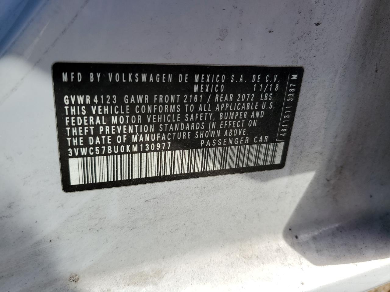 3VWC57BU0KM130977 2019 Volkswagen Jetta S