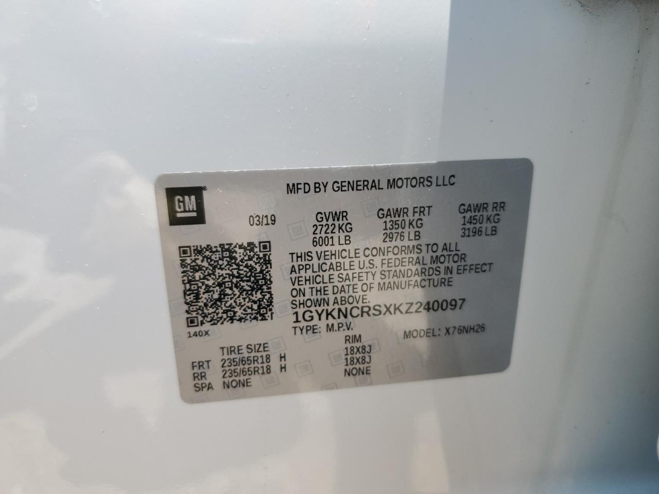 1GYKNCRSXKZ240097 2019 Cadillac Xt5 Luxury