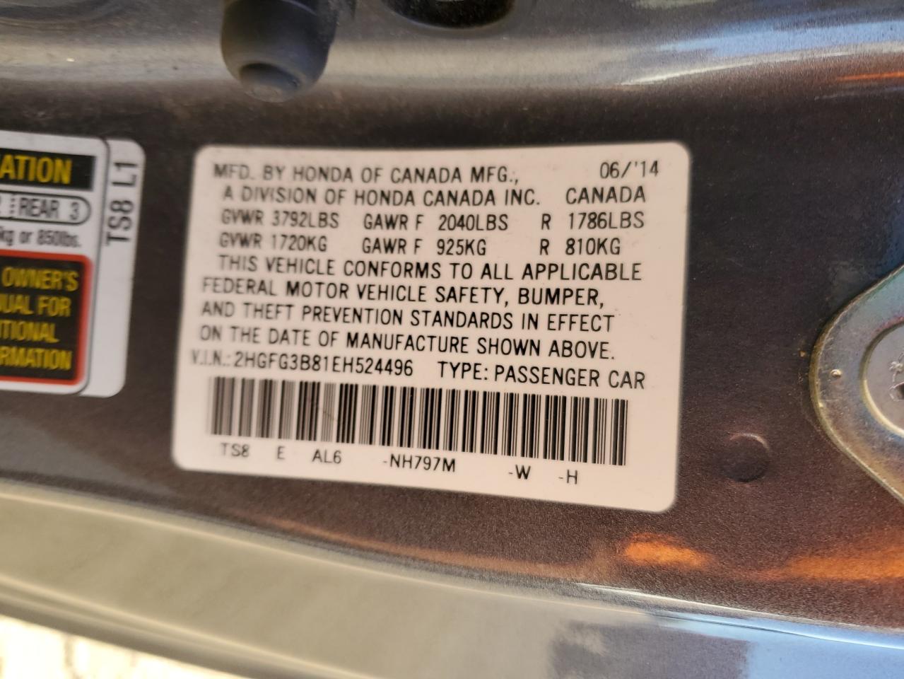 2HGFG3B81EH524496 2014 Honda Civic Ex