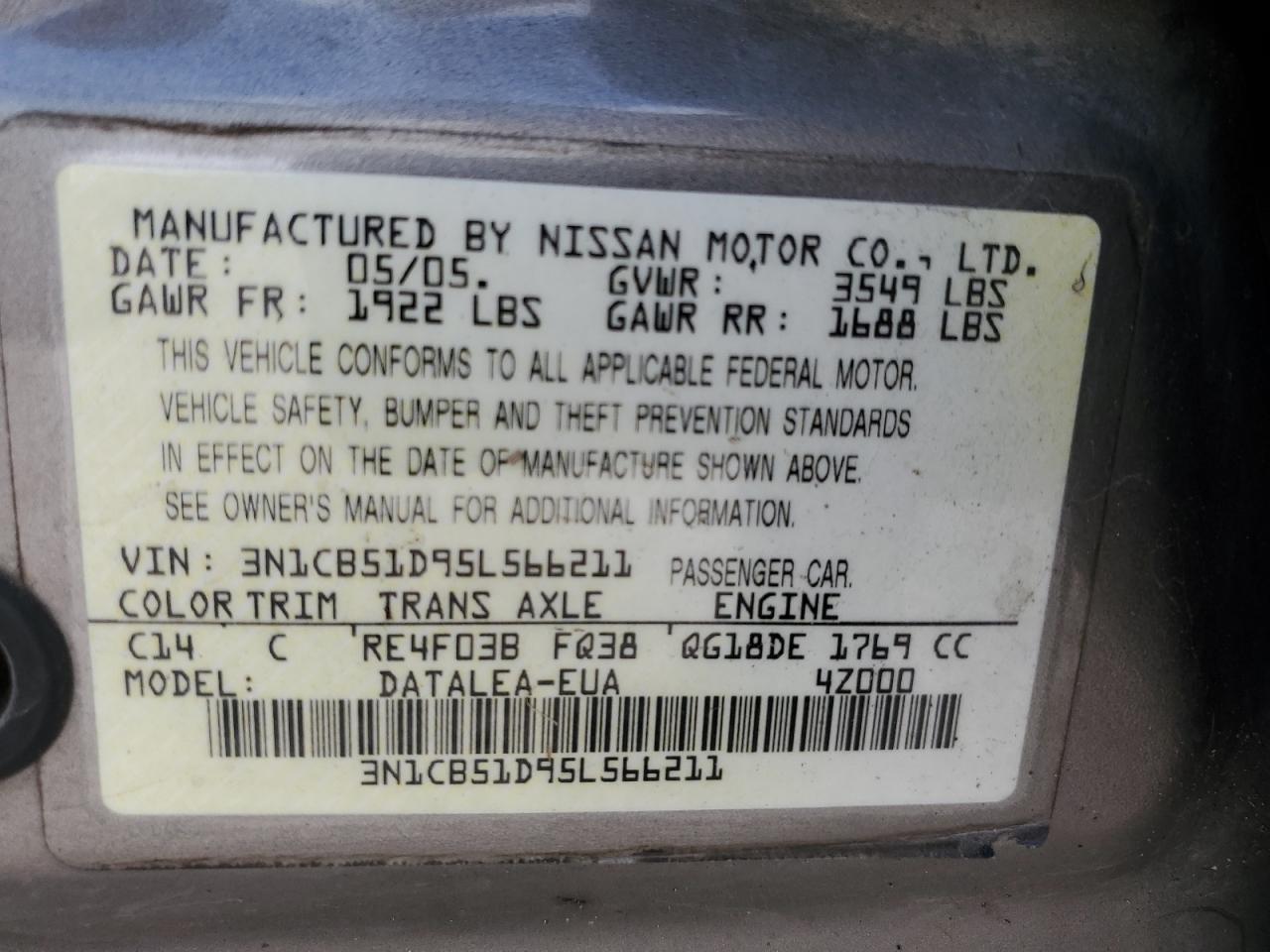 3N1CB51D95L566211 2005 Nissan Sentra 1.8