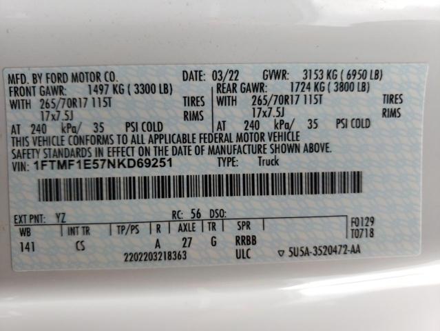 2022 Ford F150 VIN: 1FTMF1E57NKD69251 Lot: 58900424