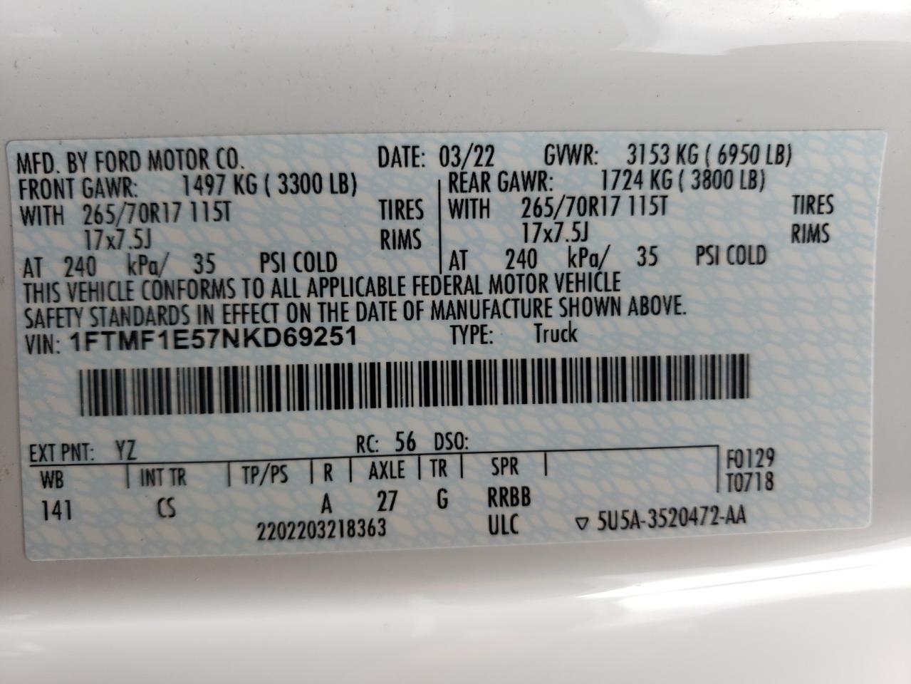 1FTMF1E57NKD69251 2022 Ford F150