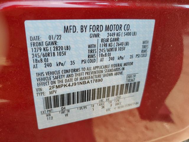 2022 Ford Edge Sel VIN: 2FMPK4J91NBA17890 Lot: 59456734