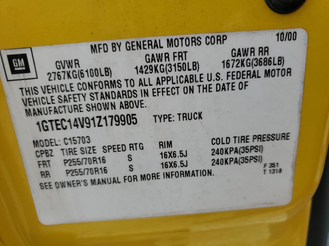 1GTEC14V91Z179905 2001 GMC New Sierra C1500