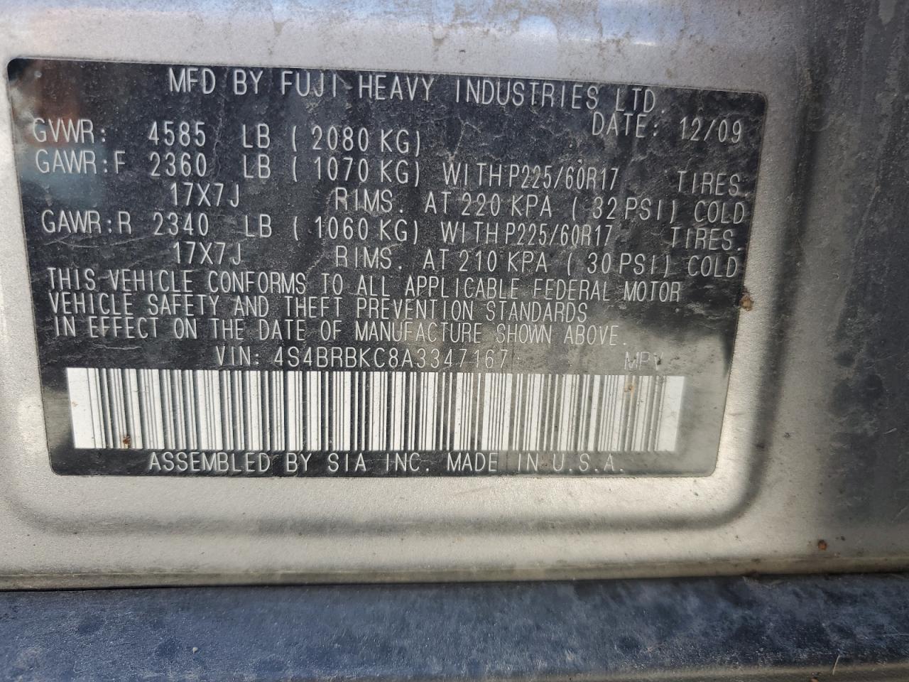 4S4BRBKC8A3347167 2010 Subaru Outback 2.5I Limited