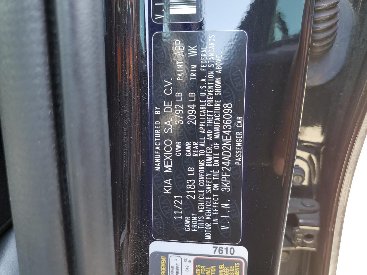 3KPF24AD2NE436098 2022 Kia Forte Fe