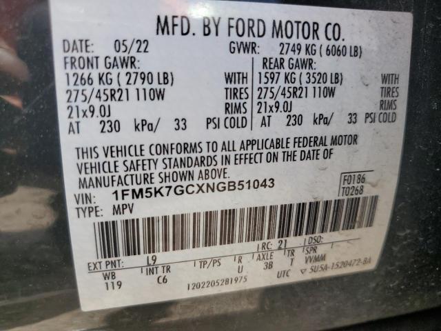 2022 Ford Explorer St VIN: 1FM5K7GCXNGB51043 Lot: 59422264