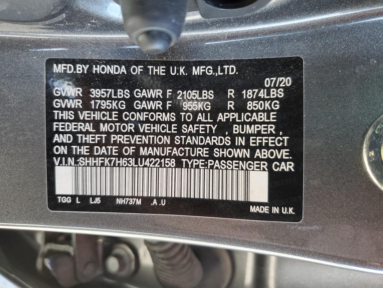 2020 Honda Civic Ex vin: SHHFK7H63LU422158