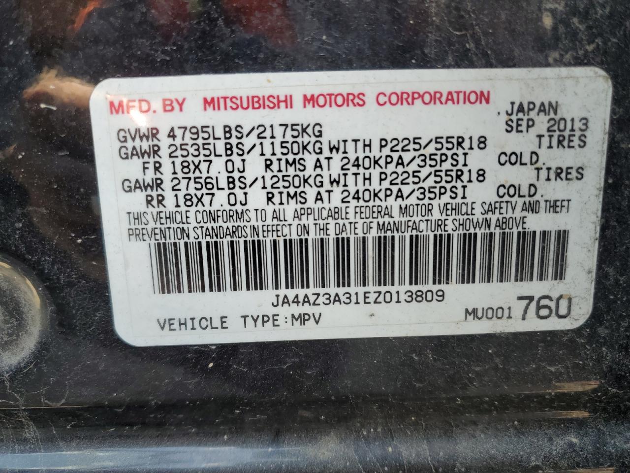 JA4AZ3A31EZ013809 2014 Mitsubishi Outlander Se