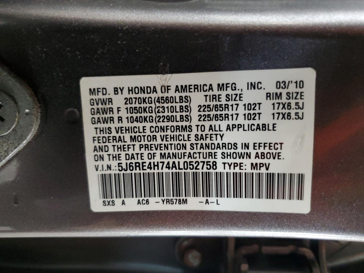 5J6RE4H74AL052758 2010 Honda Cr-V Exl