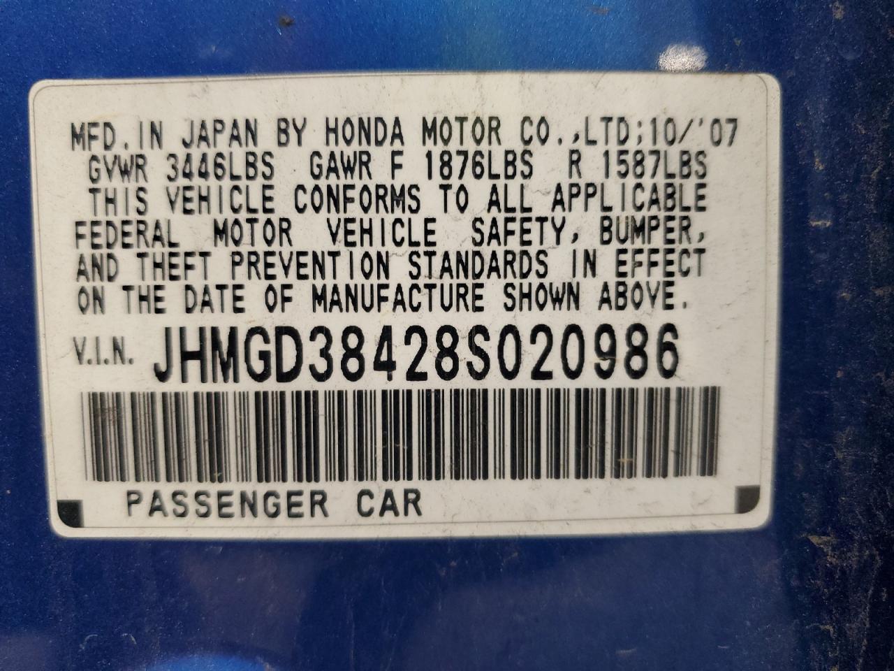 JHMGD38428S020986 2008 Honda Fit