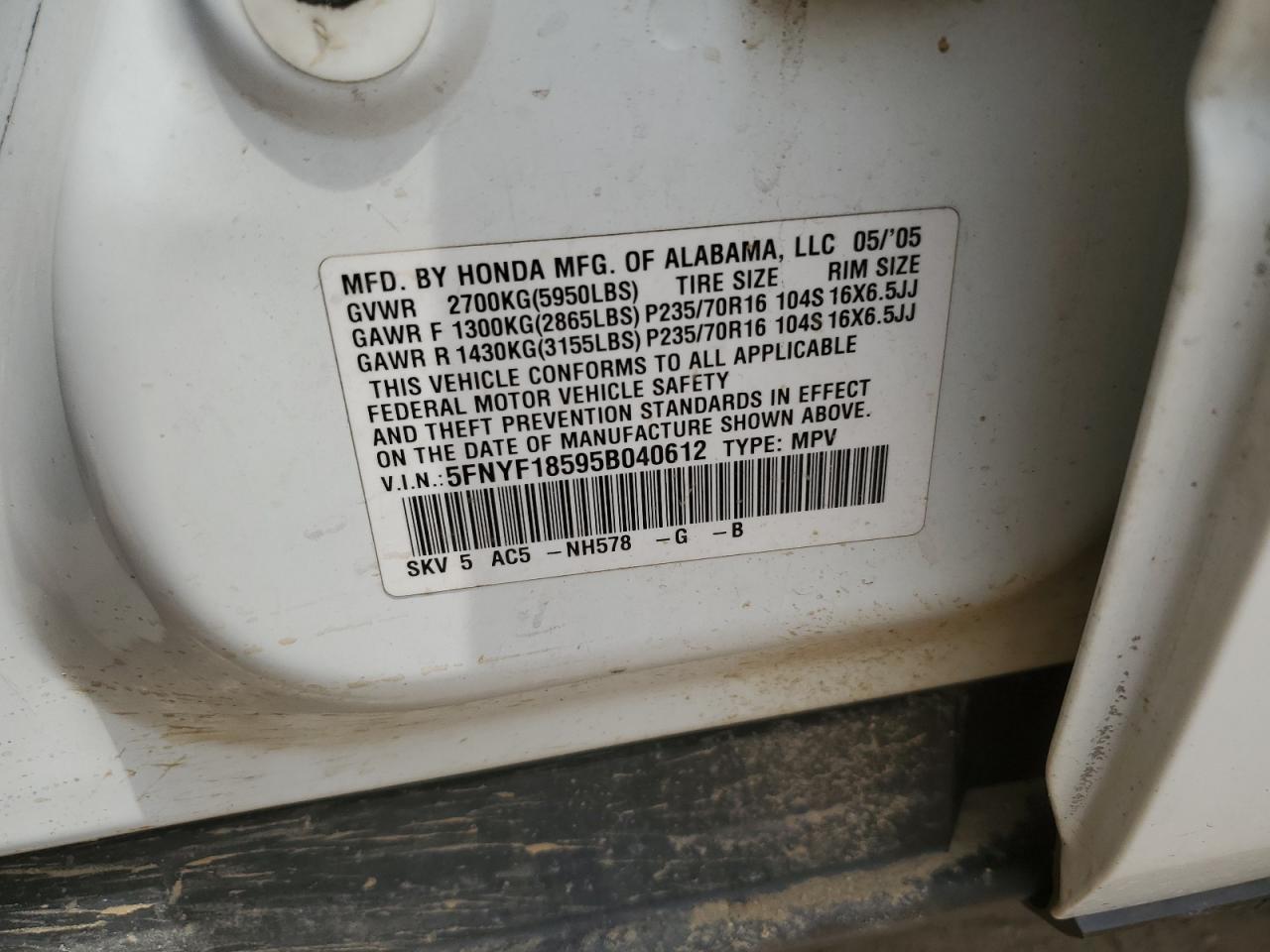 5FNYF18595B040612 2005 Honda Pilot Exl