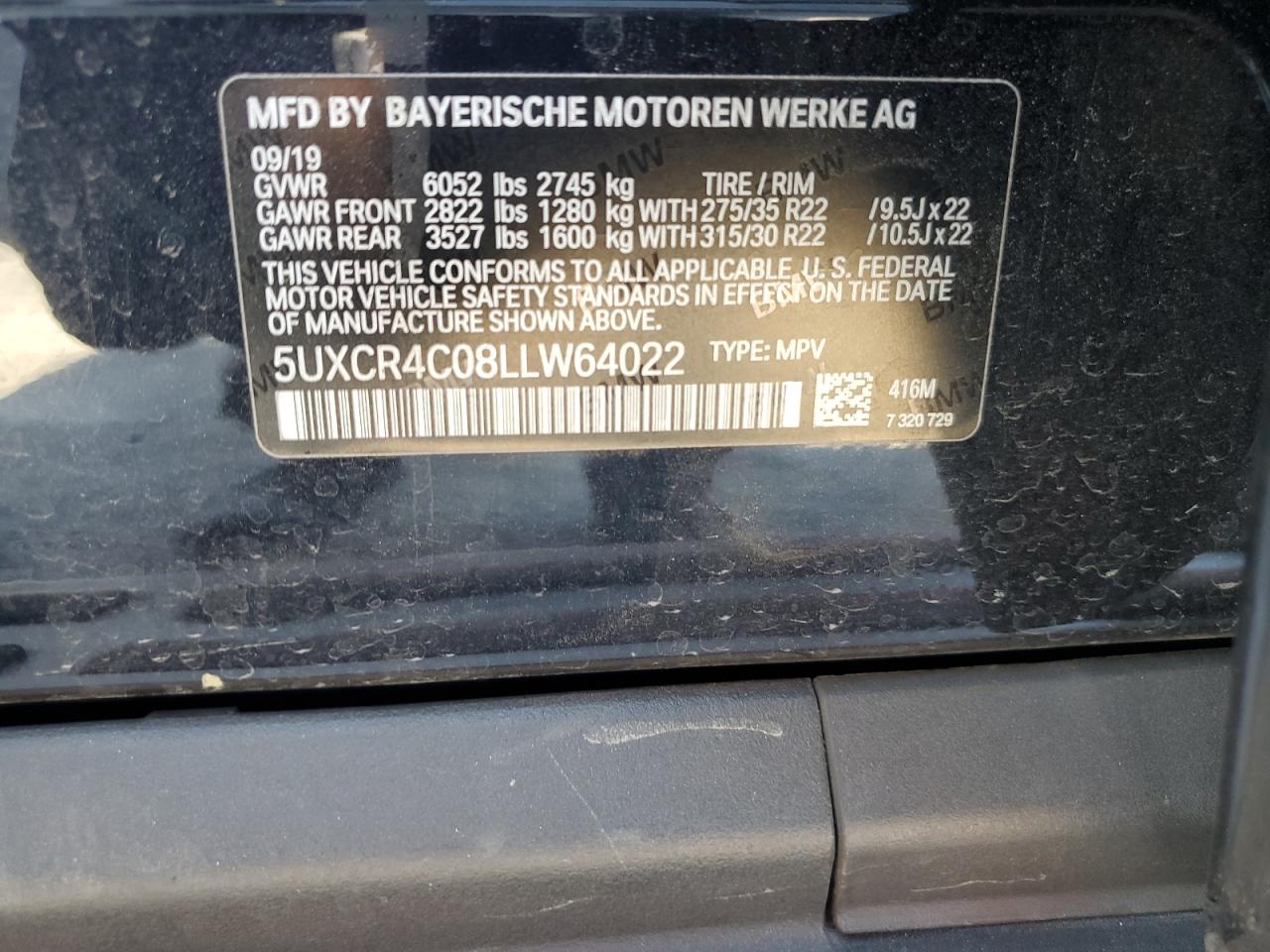 5UXCR4C08LLW64022 2020 BMW X5 Sdrive 40I