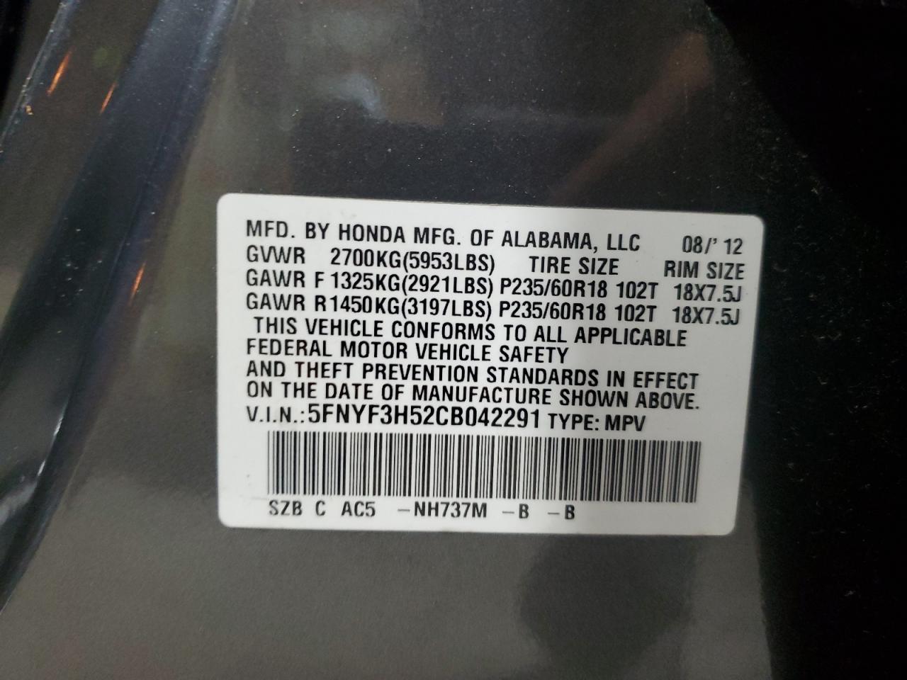 5FNYF3H52CB042291 2012 Honda Pilot Exl