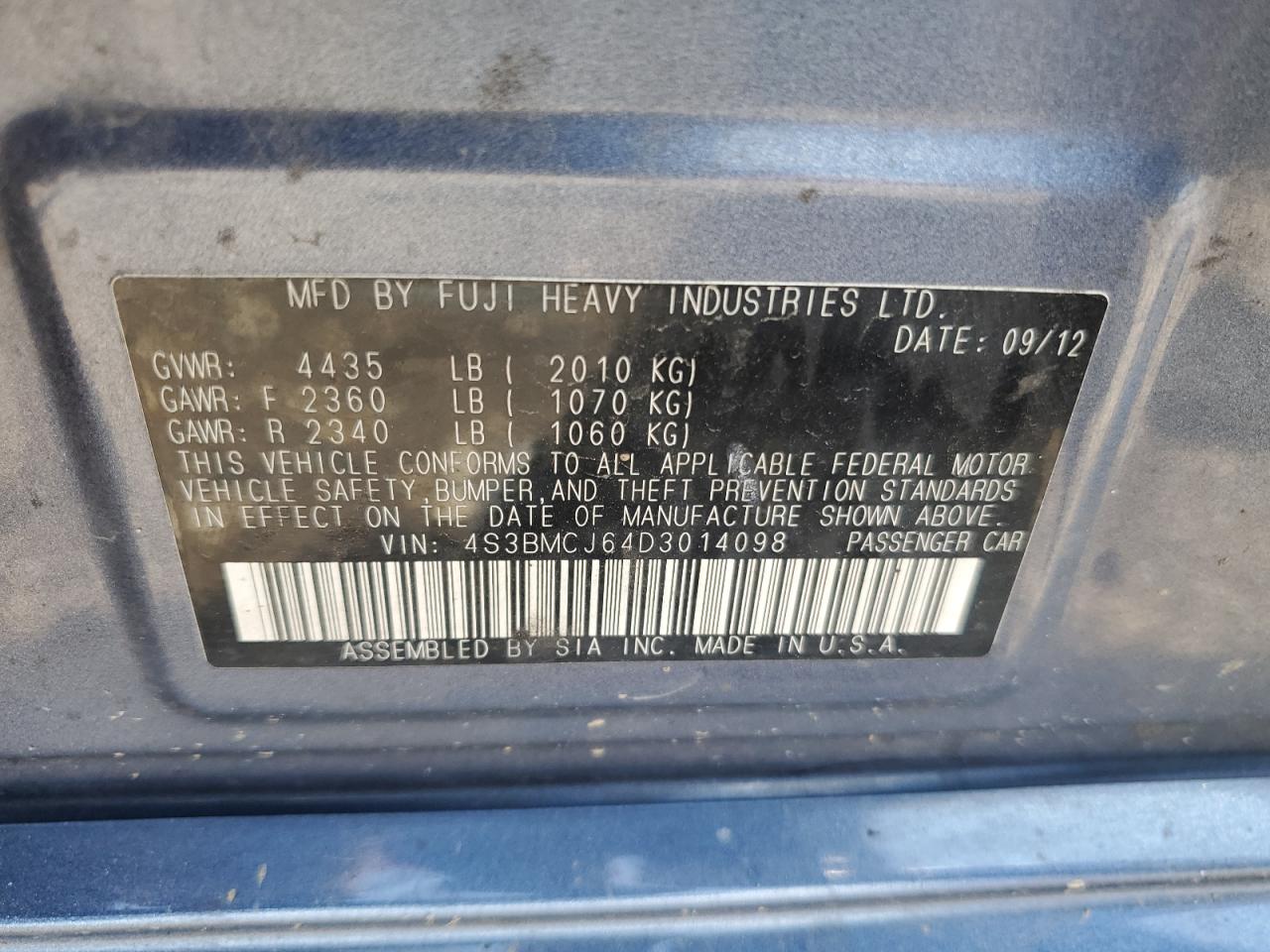 4S3BMCJ64D3014098 2013 Subaru Legacy 2.5I Limited