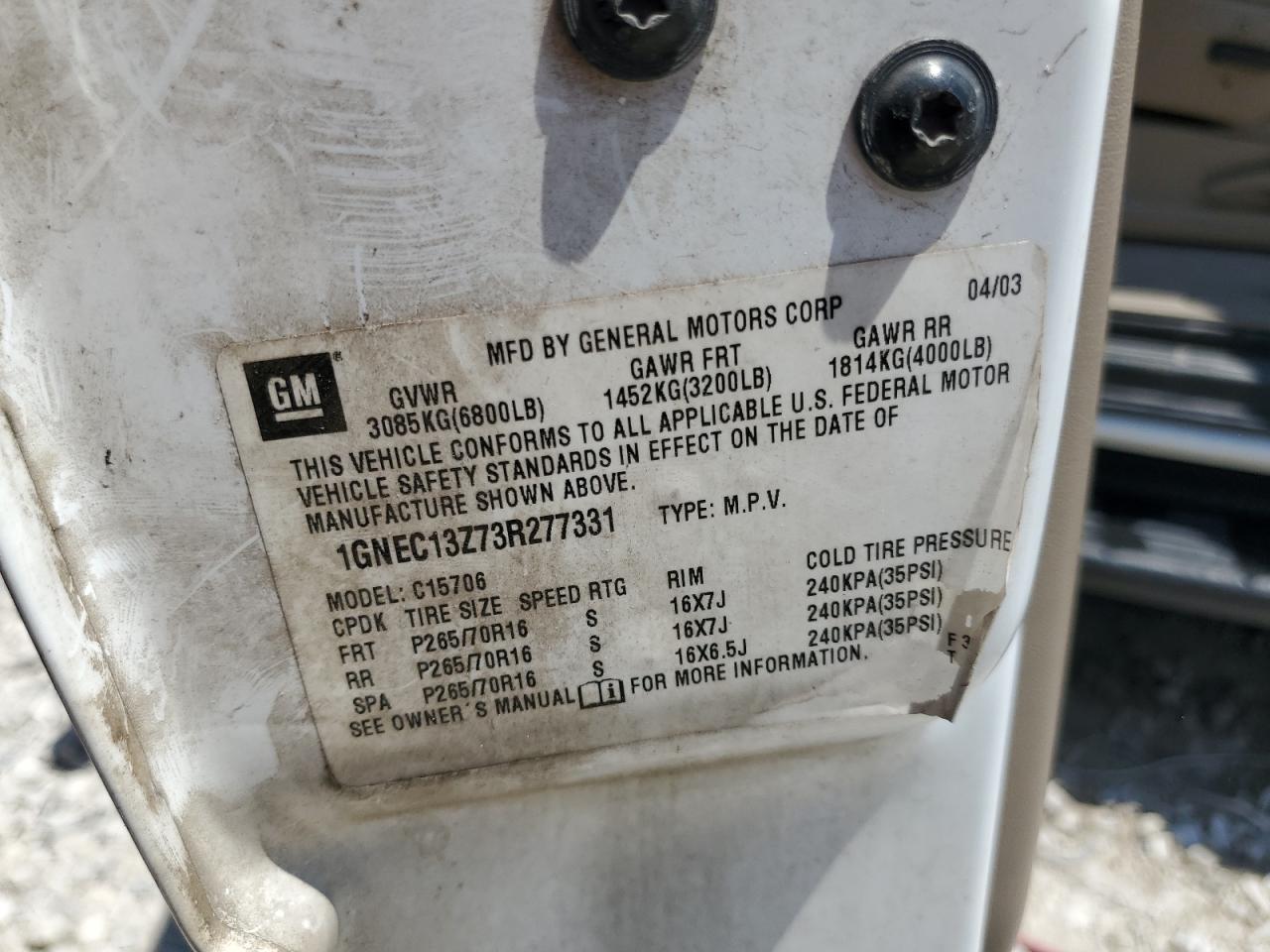 1GNEC13Z73R277331 2003 Chevrolet Tahoe C1500