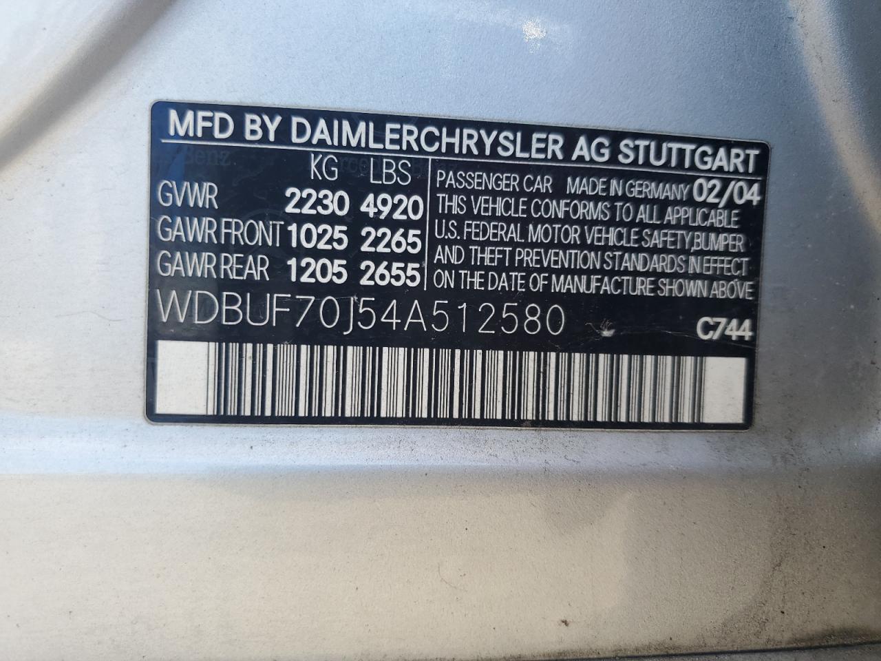 WDBUF70J54A512580 2004 Mercedes-Benz E 500