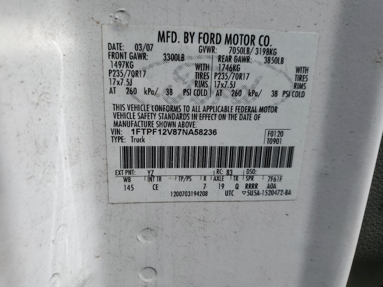 1FTPF12V87NA58236 2007 Ford F150