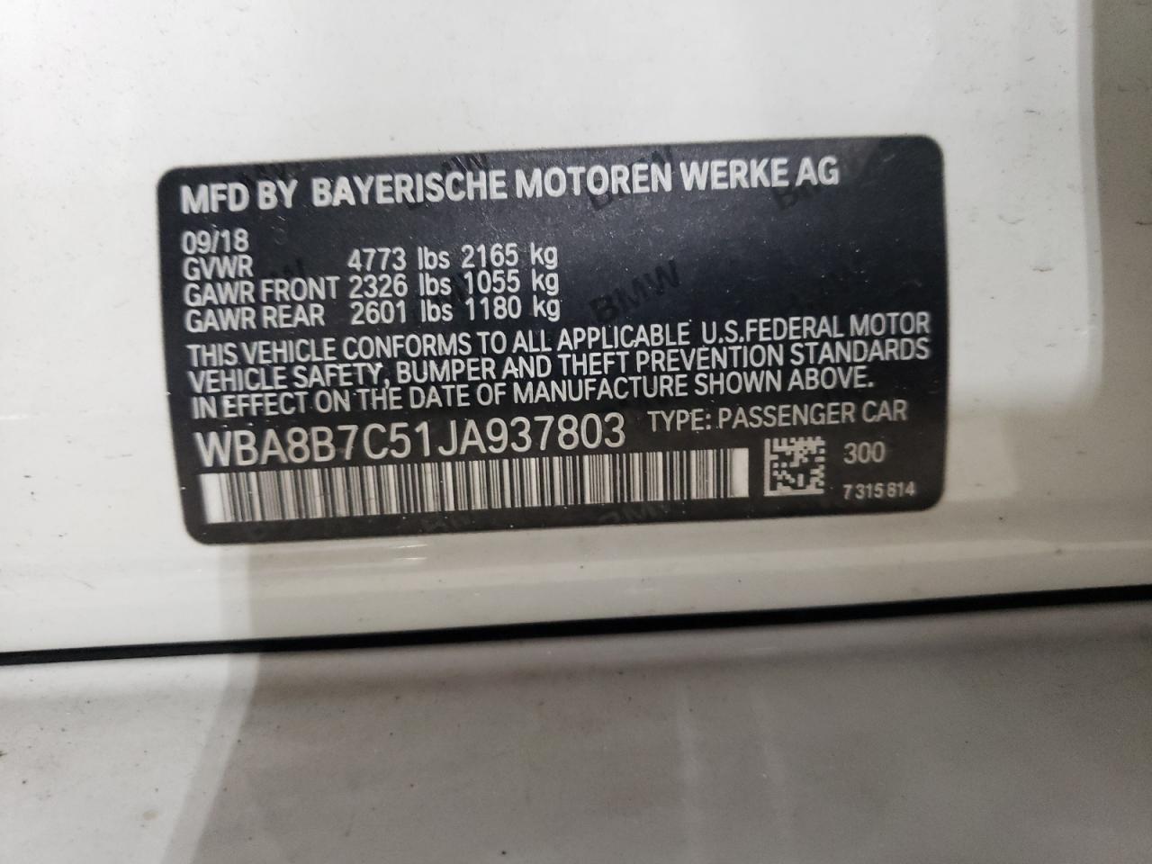 WBA8B7C51JA937803 2018 BMW 340 Xi