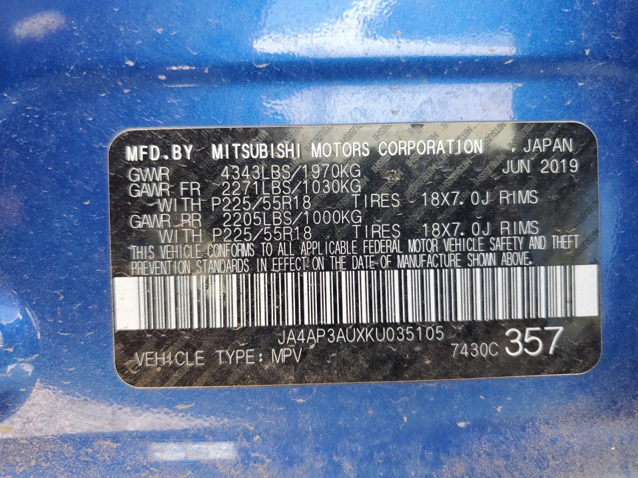 JA4AP3AUXKU035105 2019 Mitsubishi Outlander Sport Es