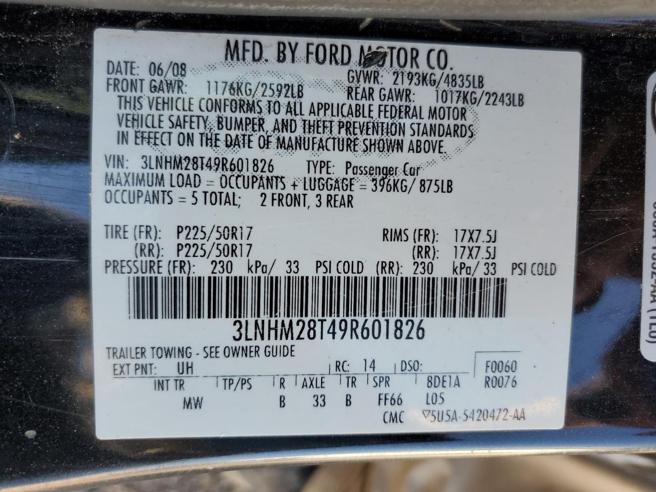 3LNHM28T49R601826 2009 Lincoln Mkz