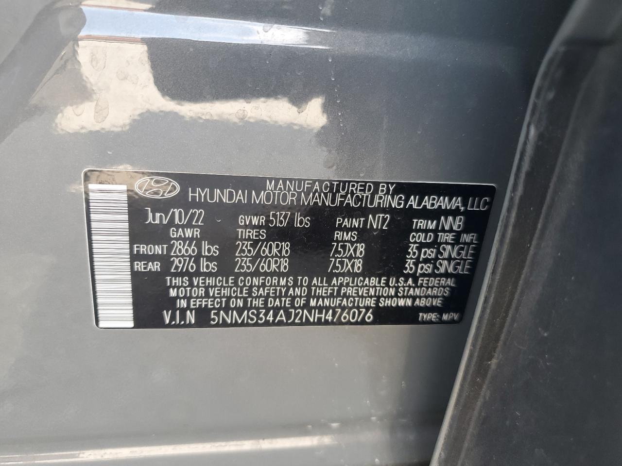 5NMS34AJ2NH476076 2022 Hyundai Santa Fe Sel