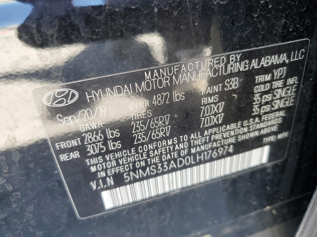 5NMS33AD0LH176974 2020 Hyundai Santa Fe Sel