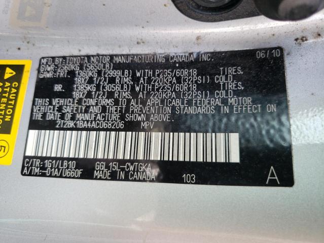 2010 Lexus Rx 350 VIN: 2T2BK1BA4AC068206 Lot: 61162634