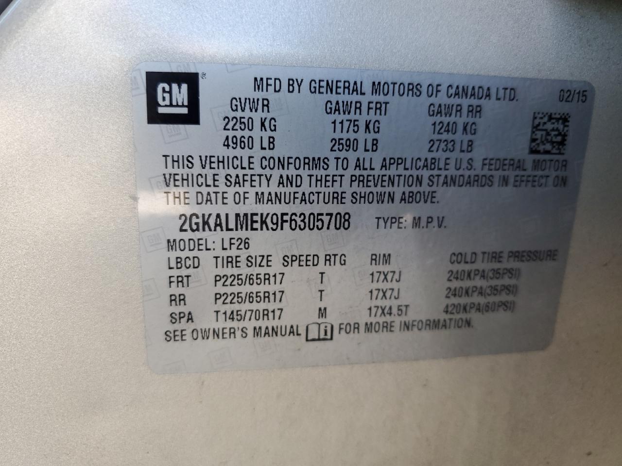 2GKALMEK9F6305708 2015 GMC Terrain Sle