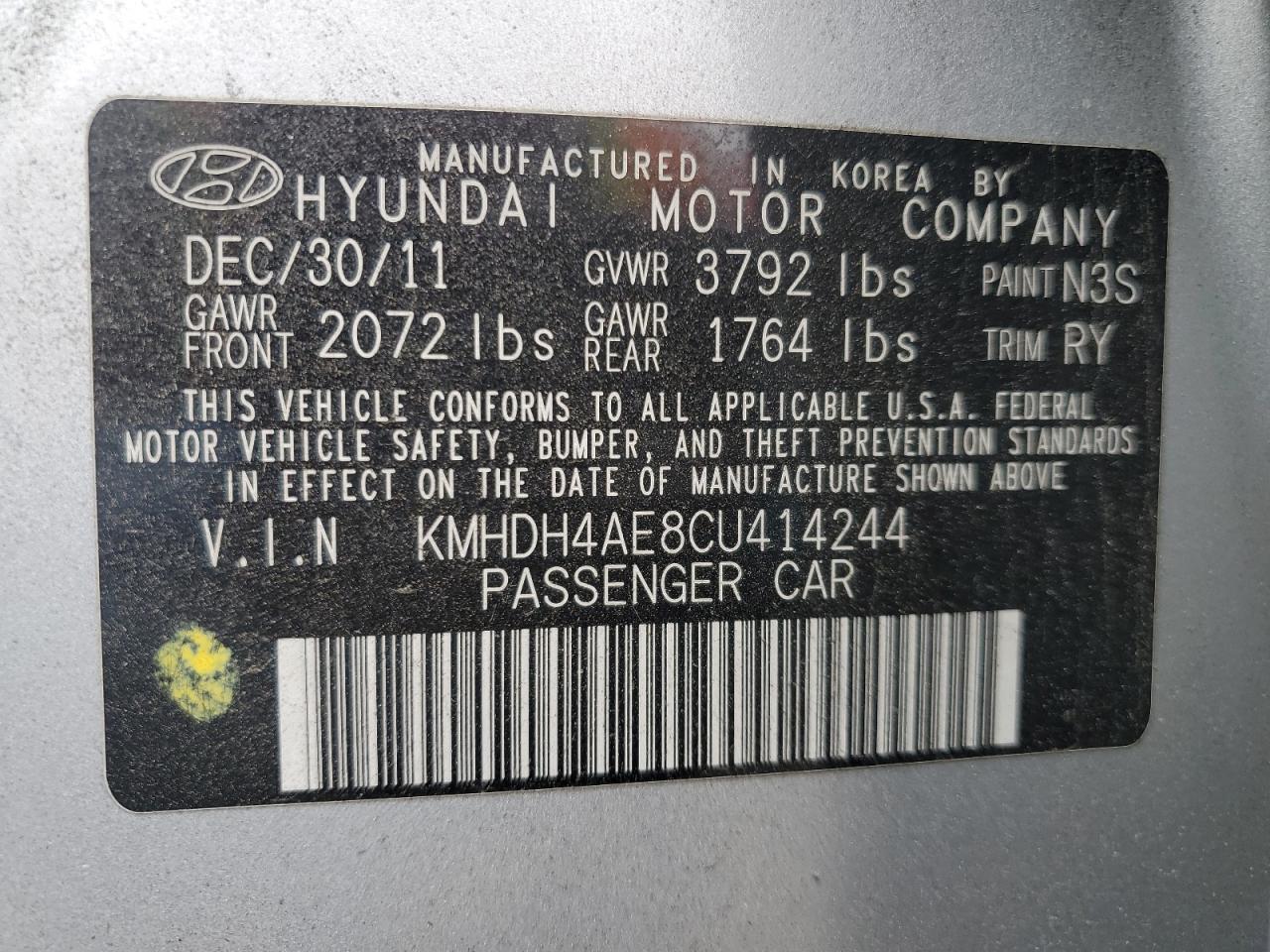 KMHDH4AE8CU414244 2012 Hyundai Elantra Gls