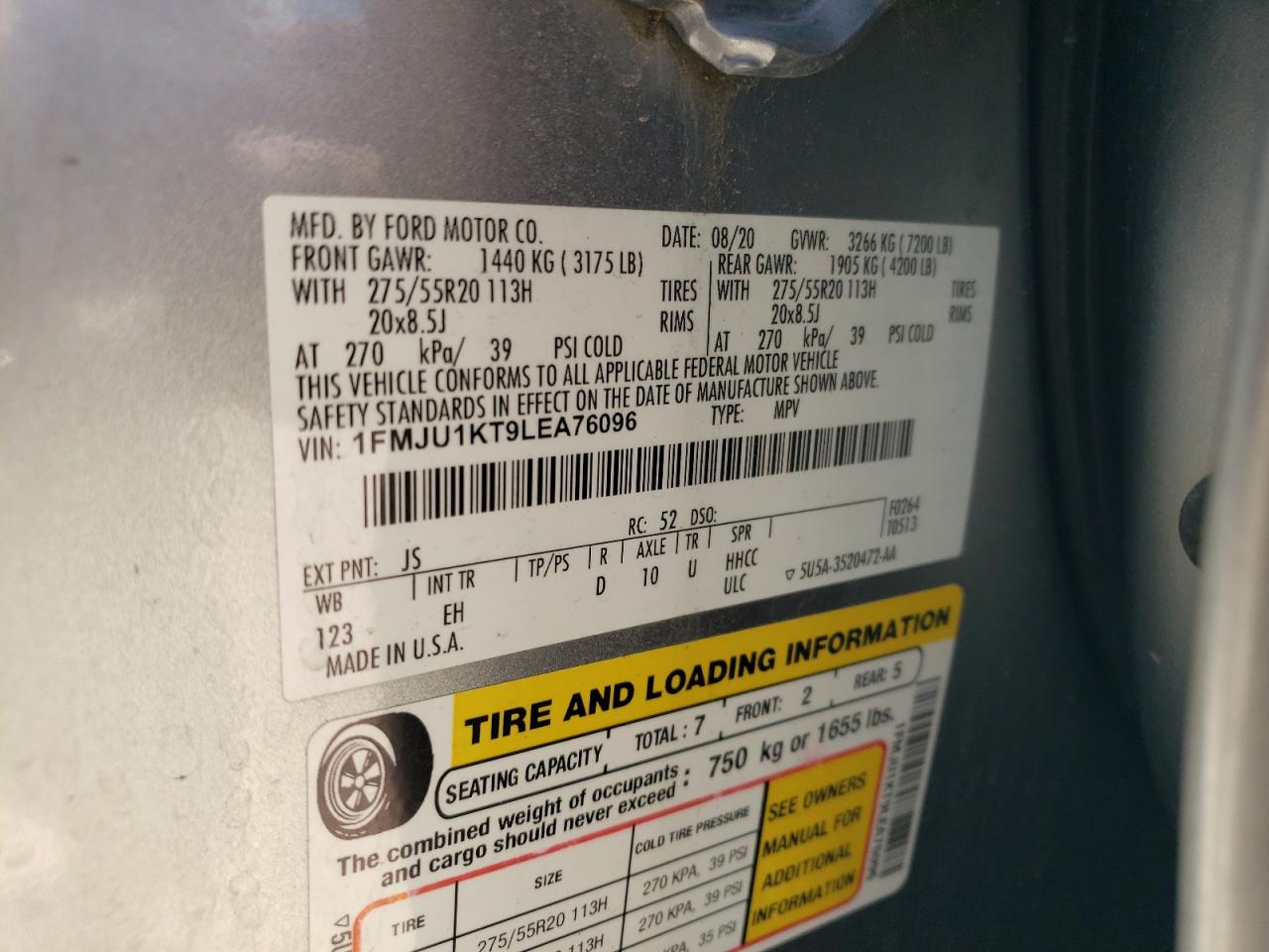 1FMJU1KT9LEA76096 2020 Ford Expedition Limited