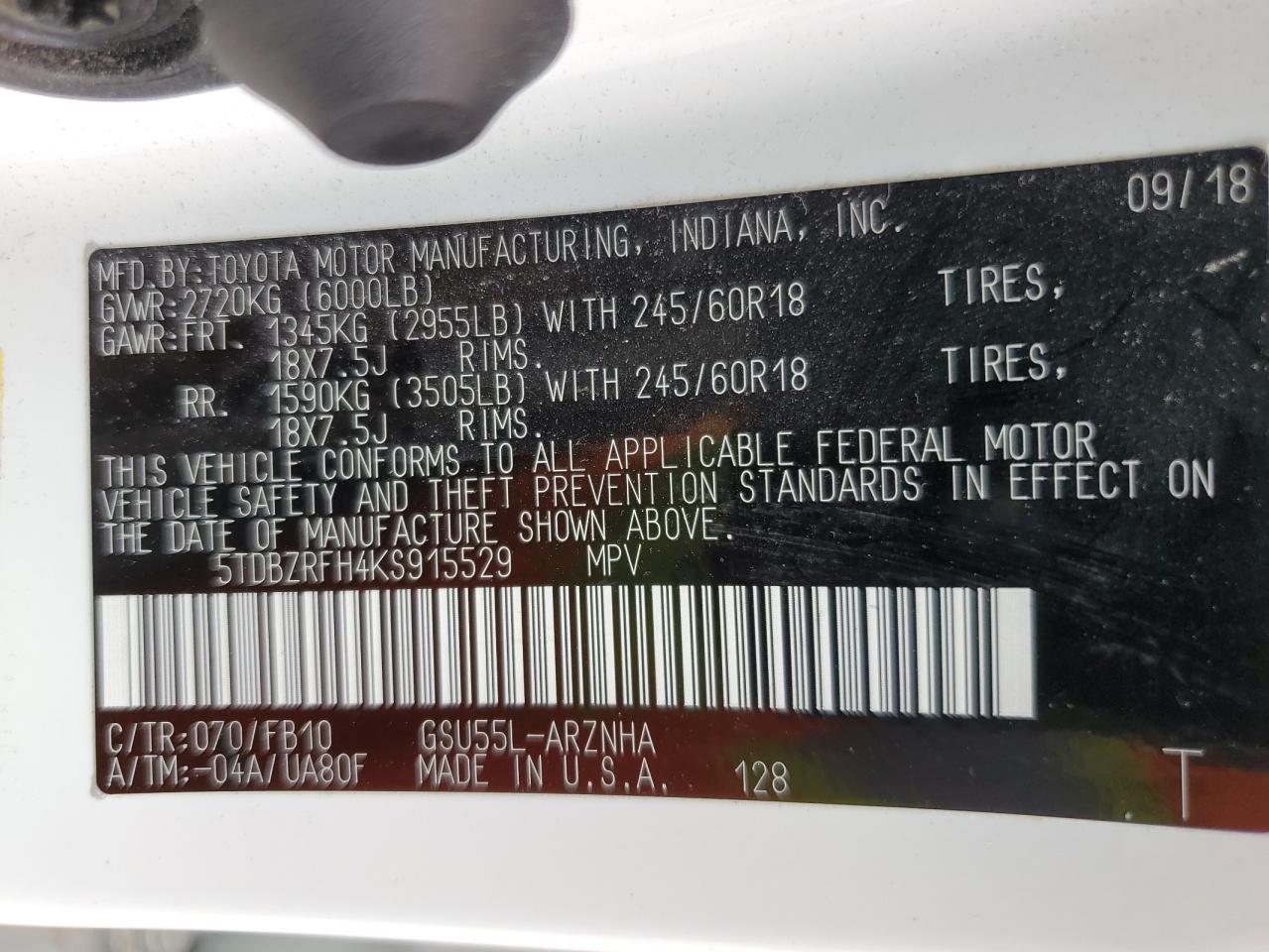 5TDBZRFH4KS915529 2019 Toyota Highlander Le