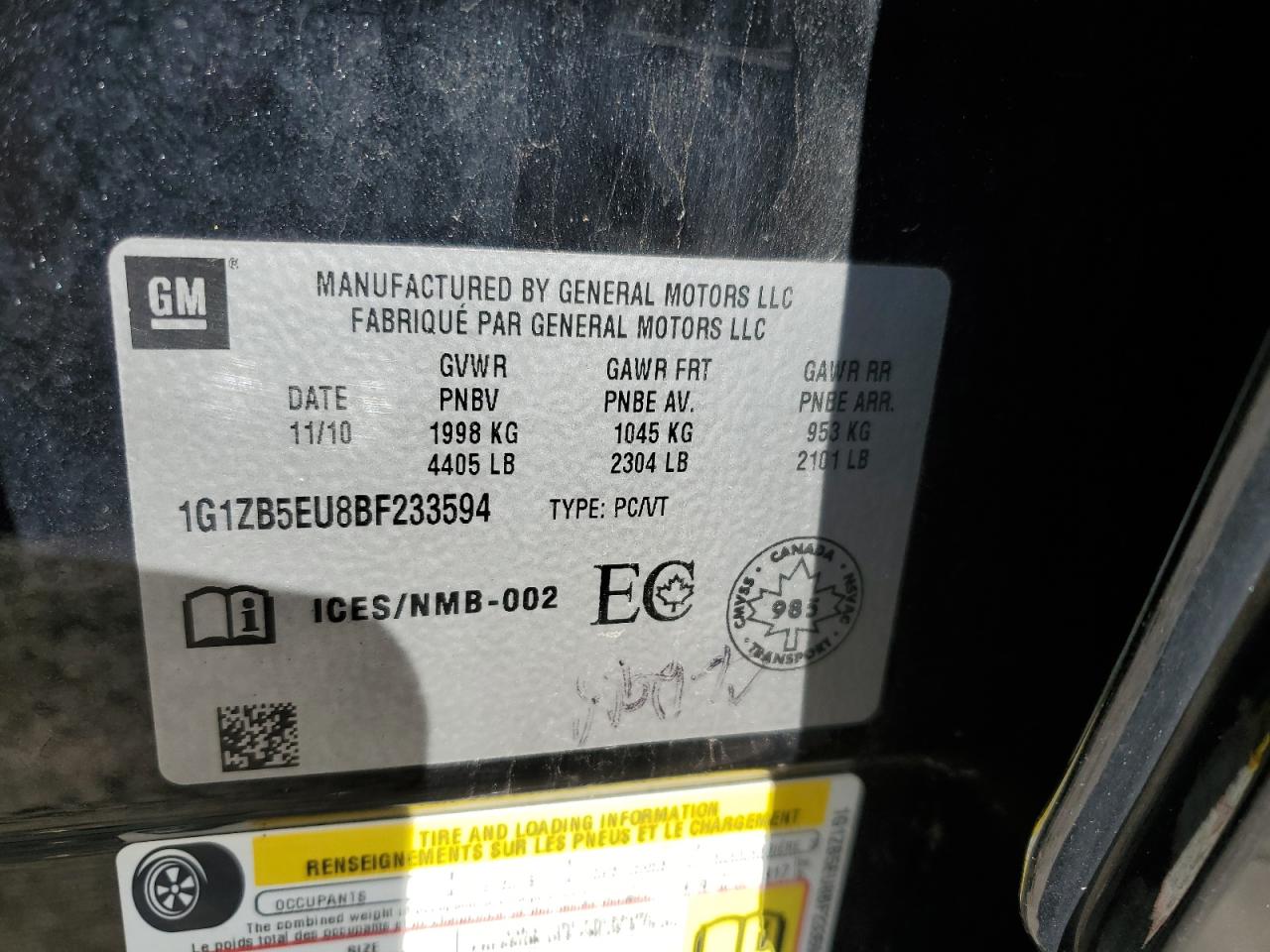 1G1ZB5EU8BF233594 2011 Chevrolet Malibu Ls