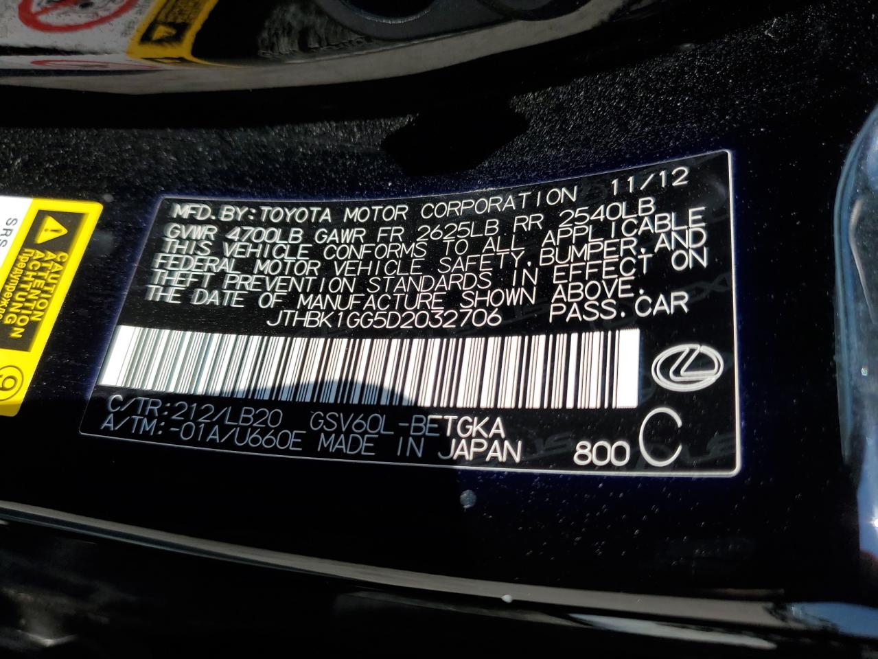 JTHBK1GG5D2032706 2013 Lexus Es 350