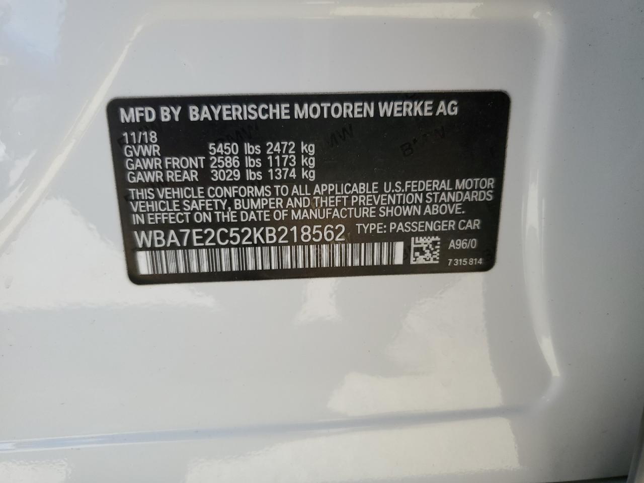 WBA7E2C52KB218562 2019 BMW 740 I