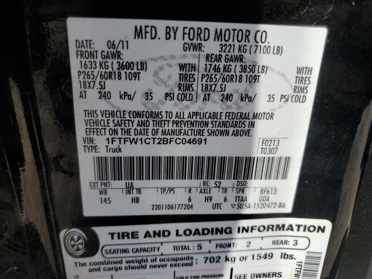 1FTFW1CT2BFC04691 2011 Ford F150 Supercrew