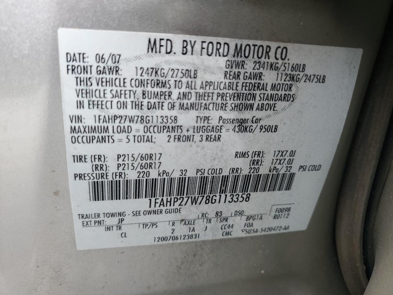 1FAHP27W78G113358 2008 Ford Taurus Sel