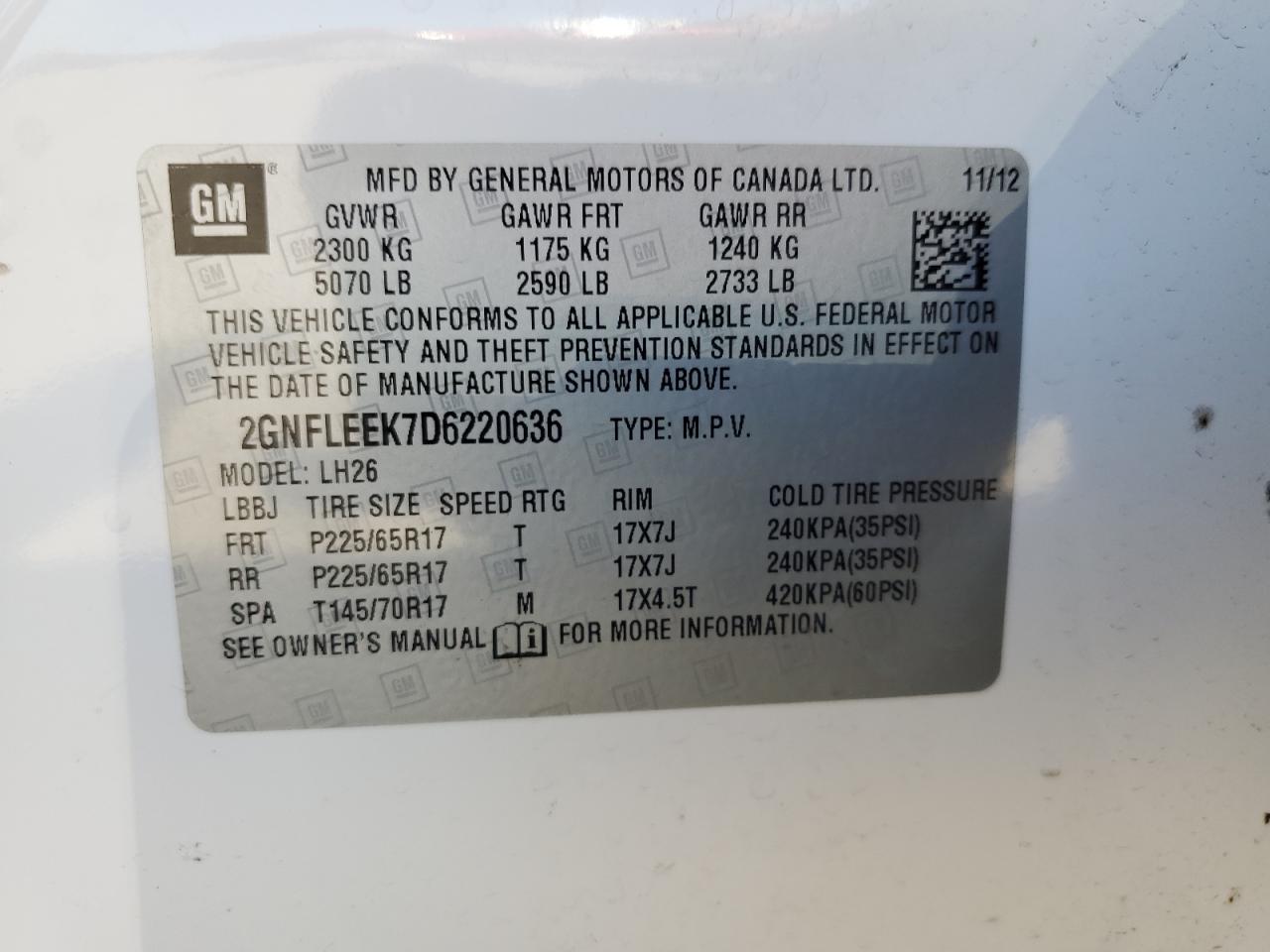 2GNFLEEK7D6220636 2013 Chevrolet Equinox Lt