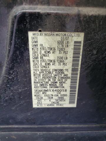 2007 Nissan Pathfinder Le VIN: 5N1AR18W07C640058 Lot: 58668384