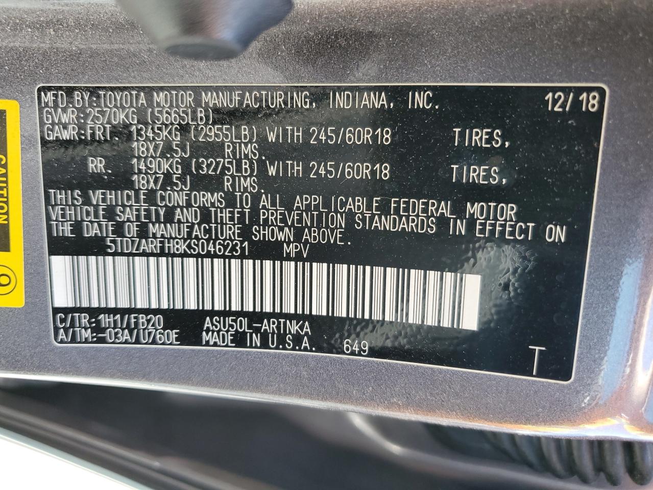 5TDZARFH8KS046231 2019 Toyota Highlander Le