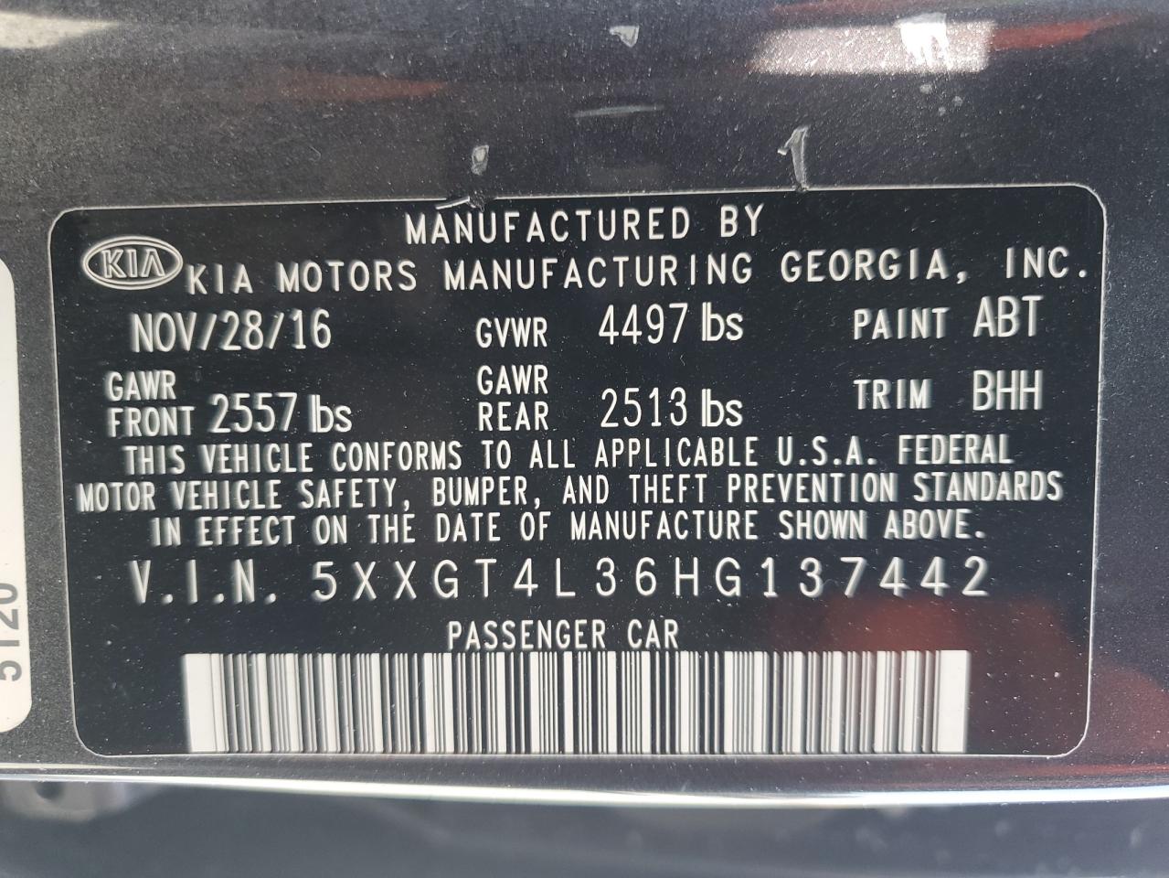 5XXGT4L36HG137442 2017 Kia Optima Lx