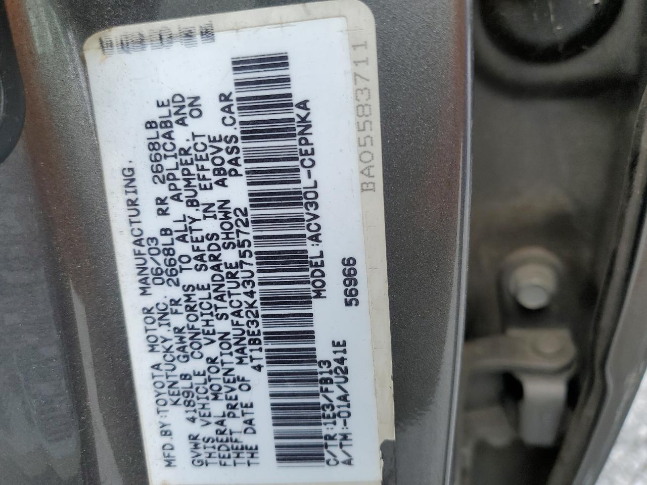4T1BE32K43U755722 2003 Toyota Camry Le
