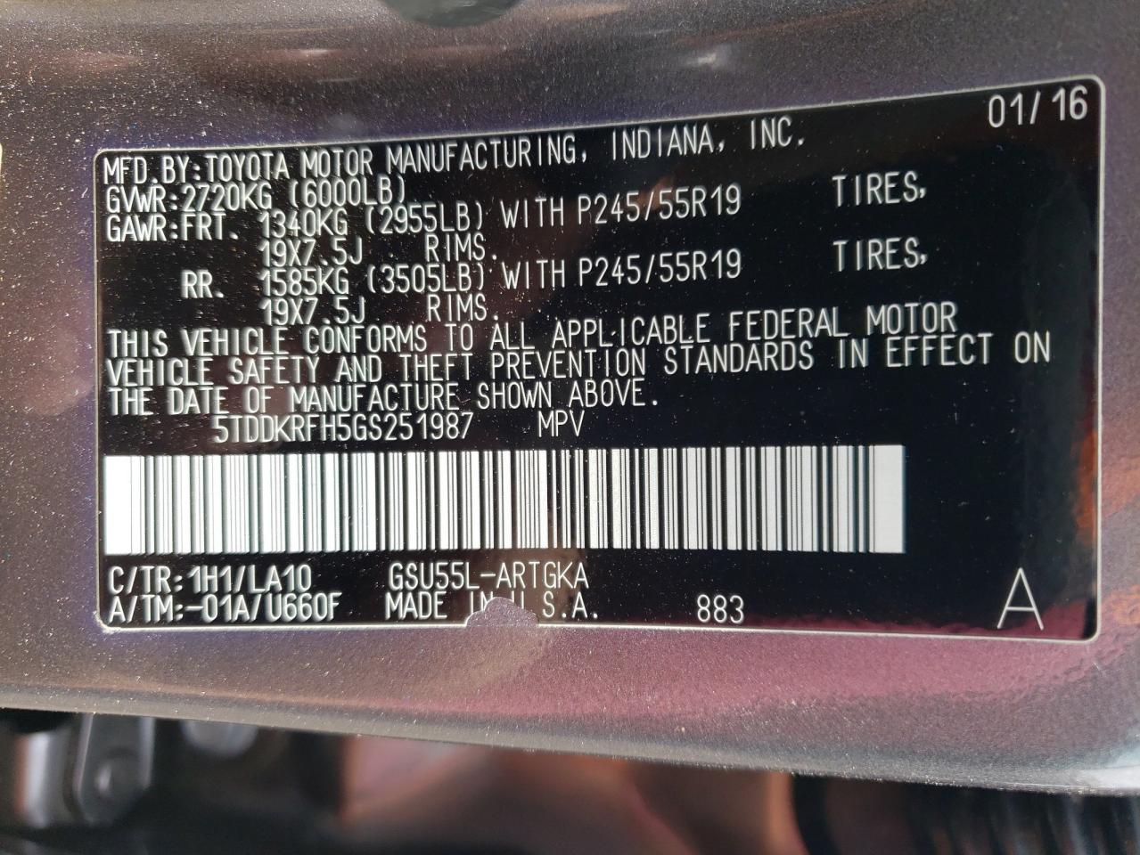 5TDDKRFH5GS251987 2016 Toyota Highlander Limited